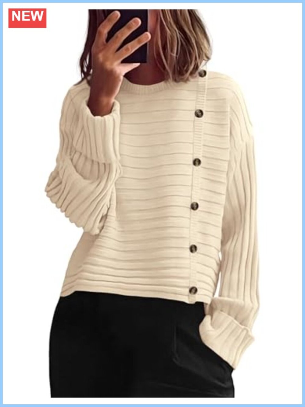 Asymmetric Button Knit Pullover Sweater Long Sleeve Loose Fit
